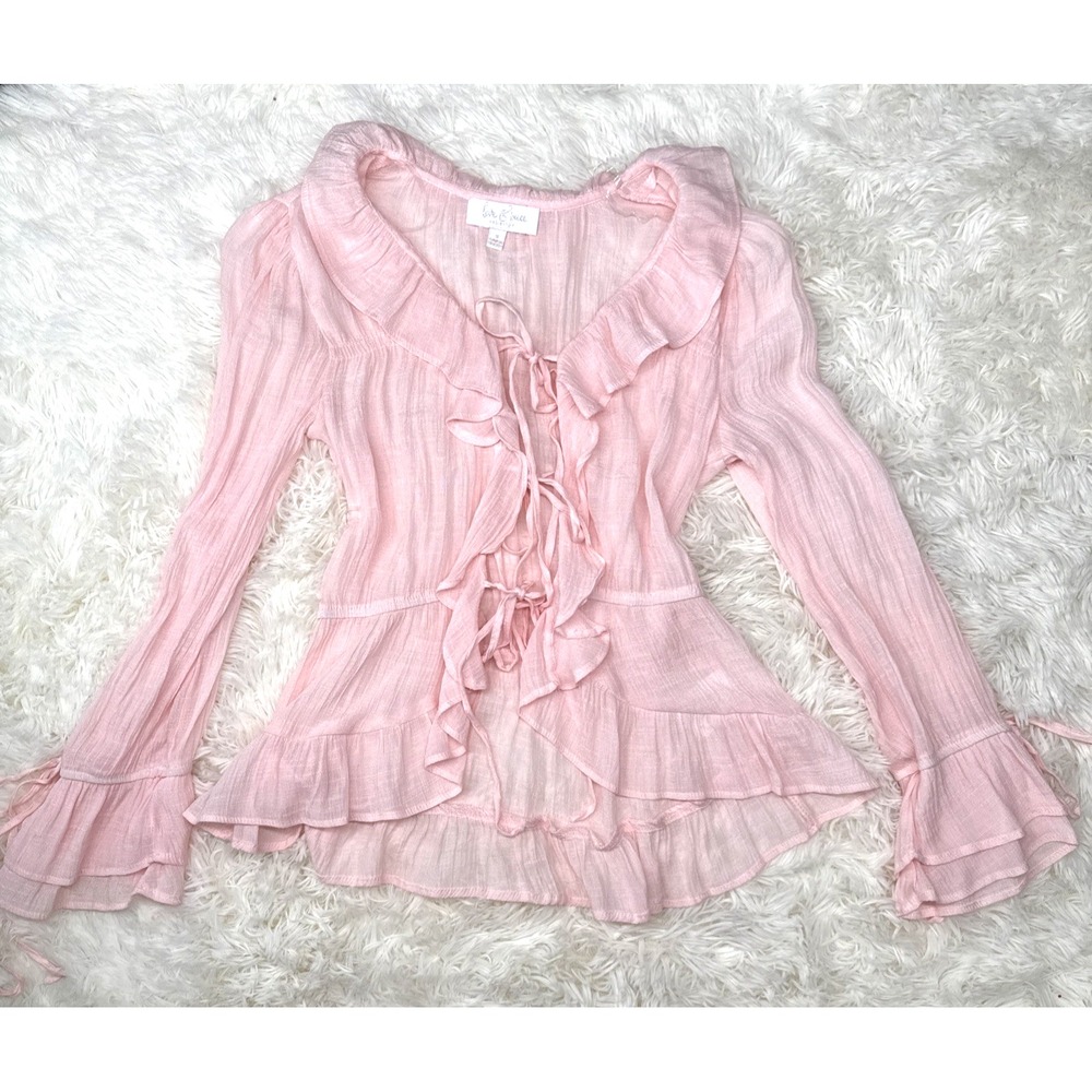 Pink Tie Front Ruffle Top S Coquette Fairy Y2K Romantic Whimsy Sheer Balletcore